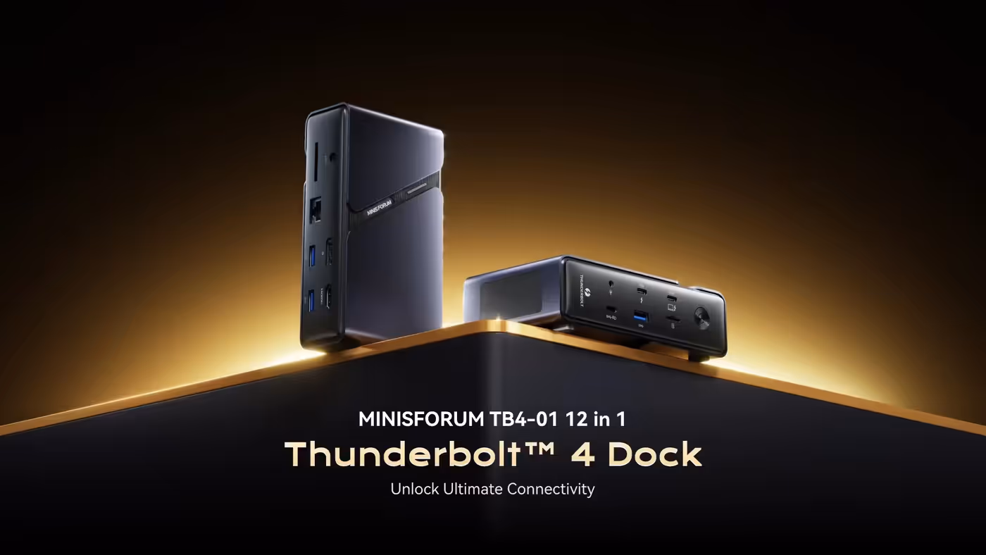 MINISFORUM TB4-01 Thunderbolt 4 docking station shown with its port layout