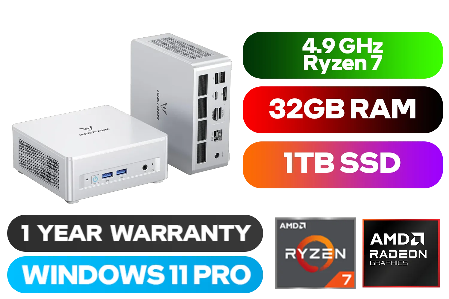 MINISFORUM UM870 Plus EliteMini PC Barebone AMD Ryzen 7 8745H(8C/16T), Mini Desktop Computer With Win 11 PRO, 32GB DDR5, 1TB SSD, AMD Radeon 780M Graphics, HDMI+DP+USB4 Triple Outputs, OCuLink Port, 2.5G LAN, 4x USB Port, / UM870 Plus