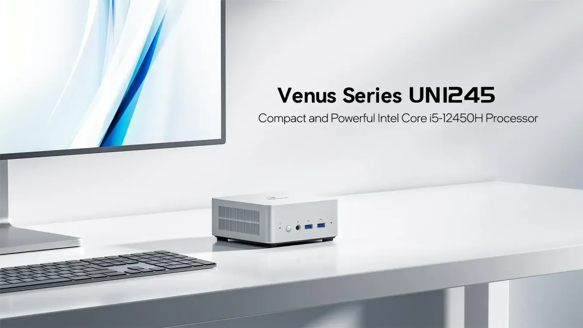 Minisforum UN1245 Mini PC Front View - Space Saving Compact Desktop