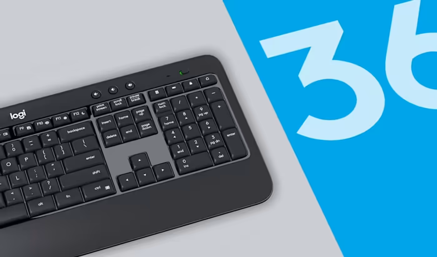Wireless keyboard and mouse highlighting long battery life and spill resistance