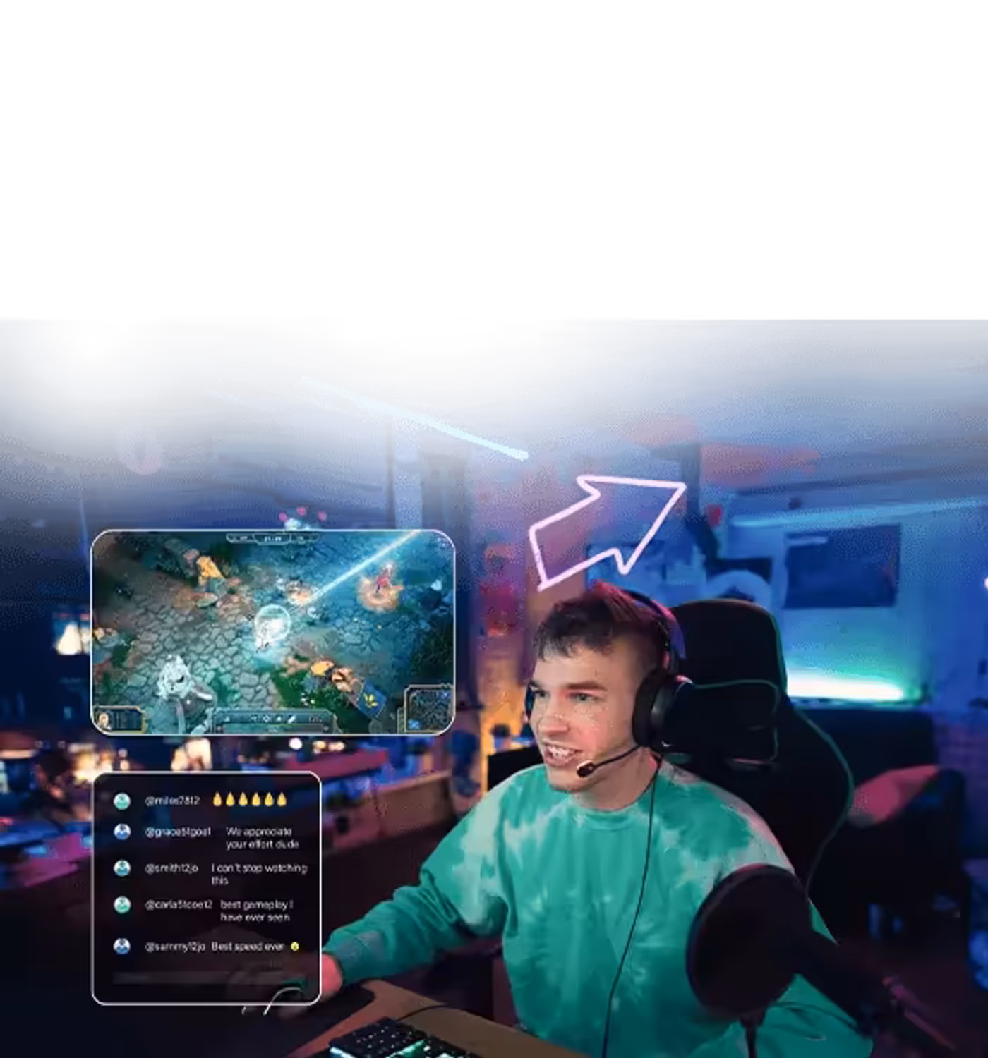 Young streamer playing a MOBA game with an active chat overlay