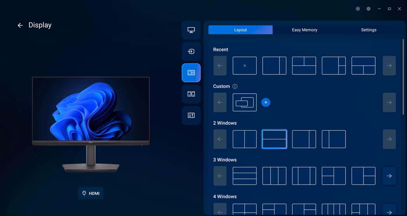Dell Display and Peripheral Manager interface showing workspace optimization features