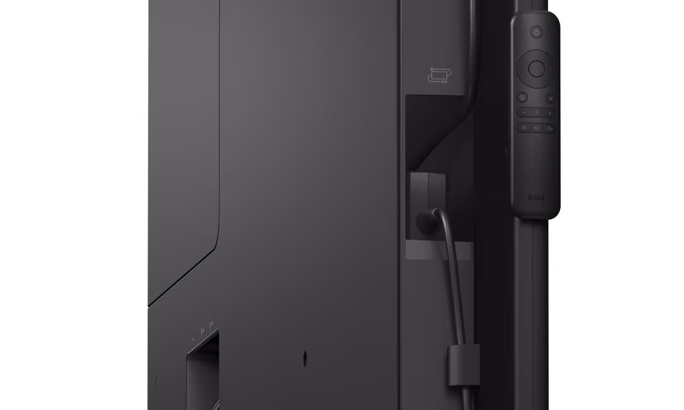 Monitor rear panel showcasing dedicated power adapter storage and conferencing device support