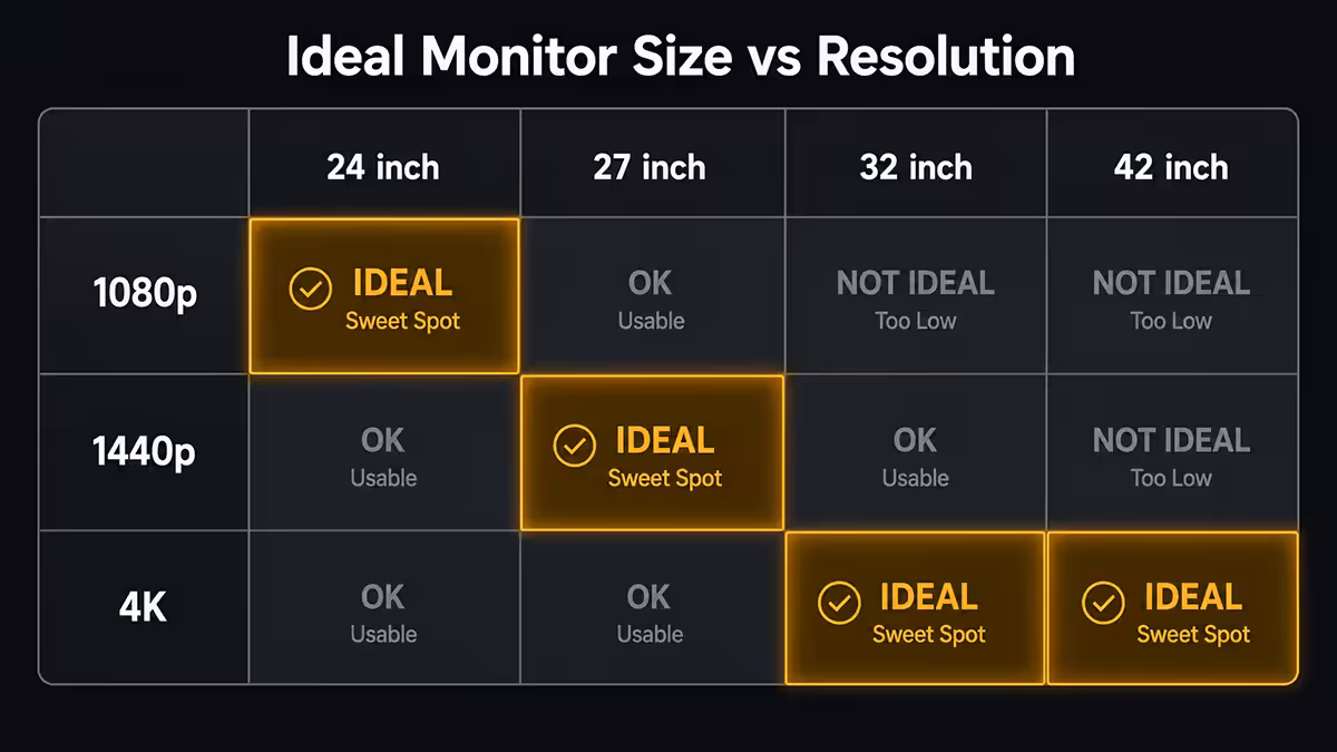 Monitor size to resolution sweet-spot pairing chart
