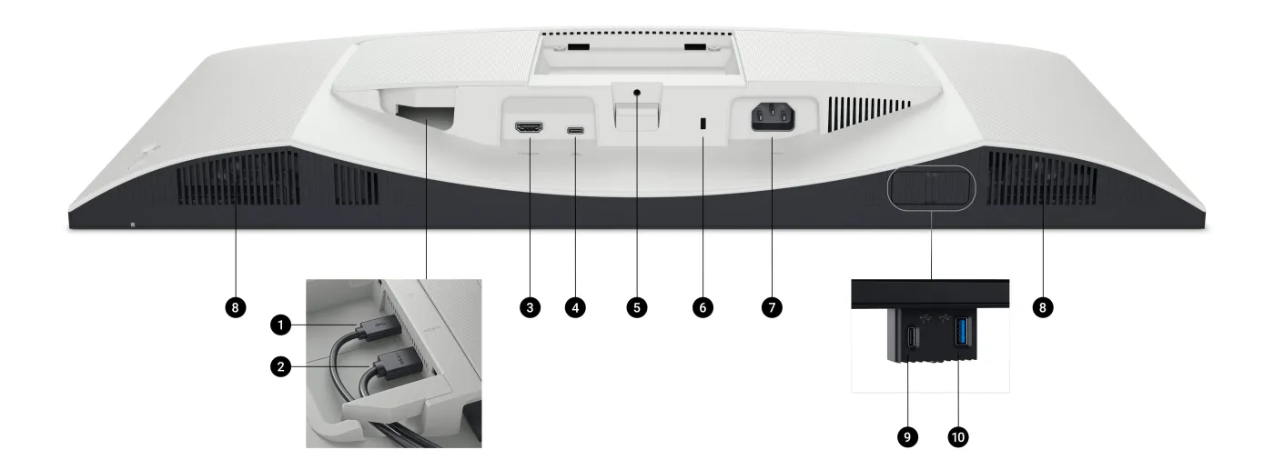Rear view of monitor displaying various connectivity ports and slots