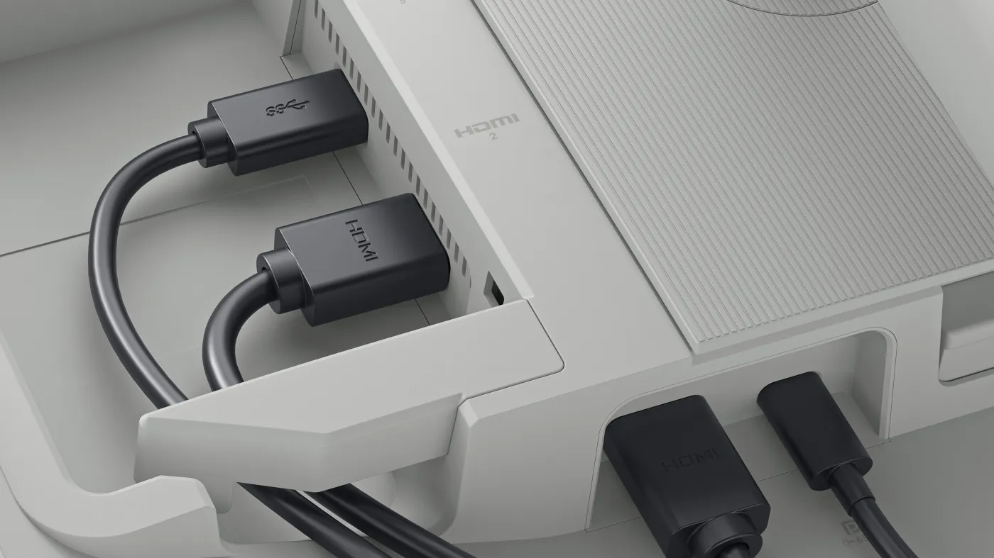 A close up of the back of the monitor, highlighting the side-access ports.