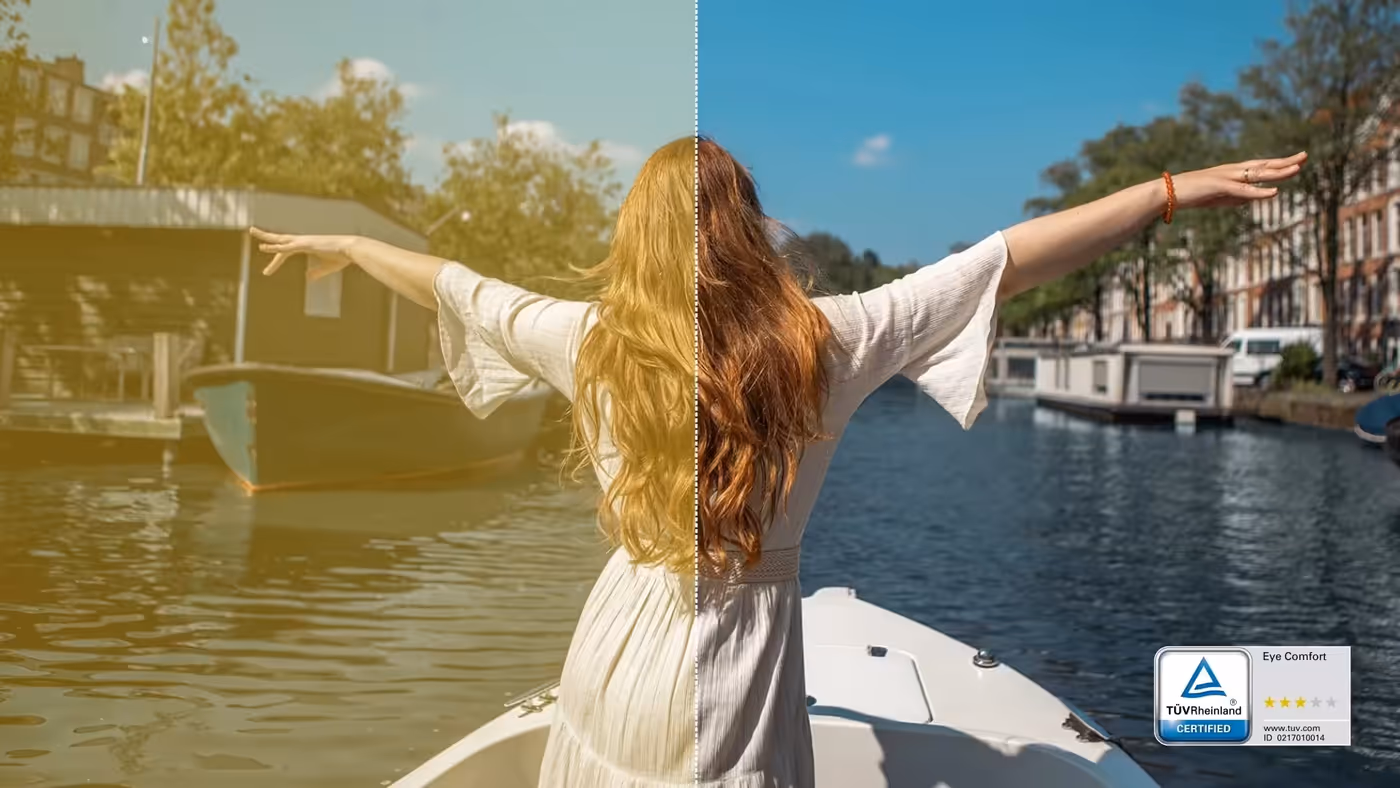 ComfortView Plus technology demonstration showing blue light reduction