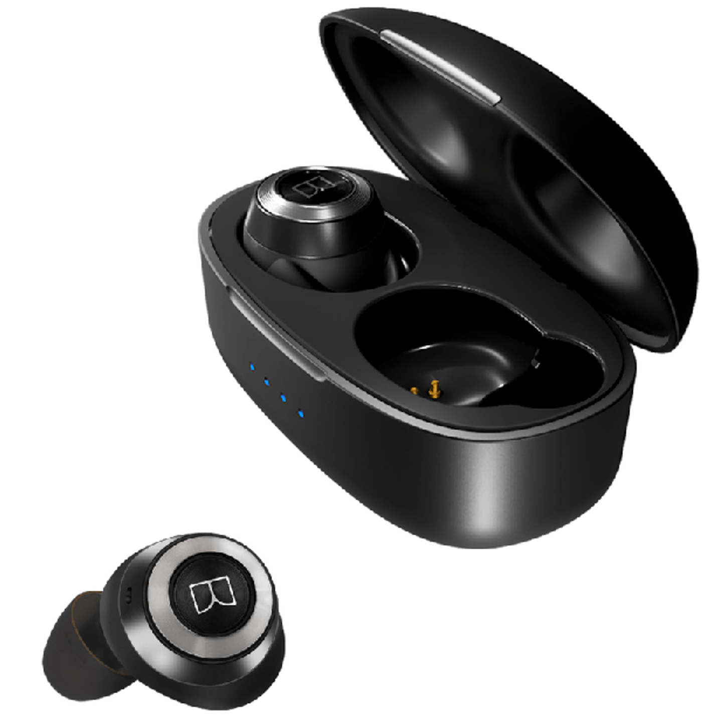 Monster Achieve 100 AirLinks wireless earbuds in black beside their charging case