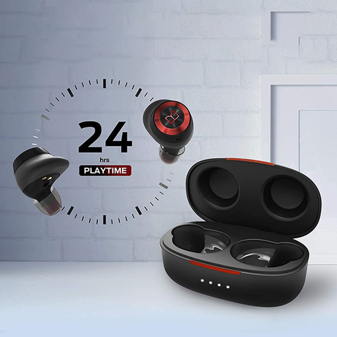 Monster AirLinks charging case shown with its battery indicator