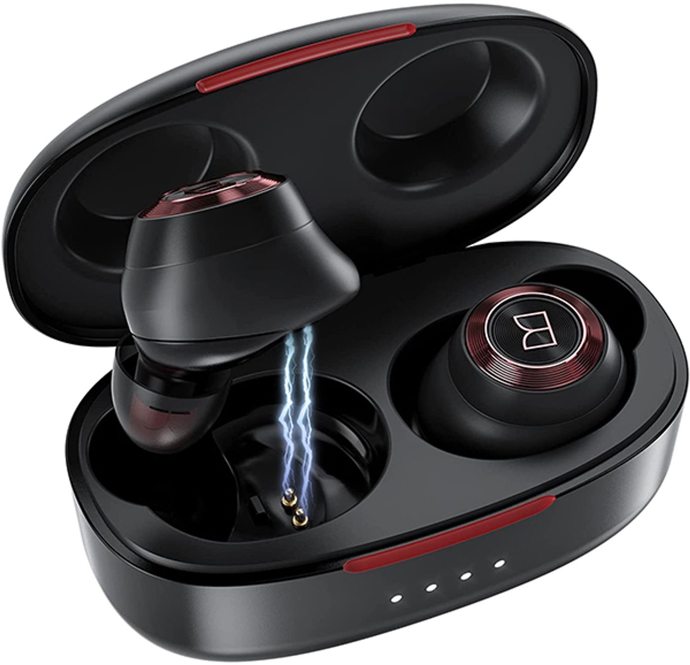 Monster Achieve 100 AirLinks earbuds in red beside their charging case