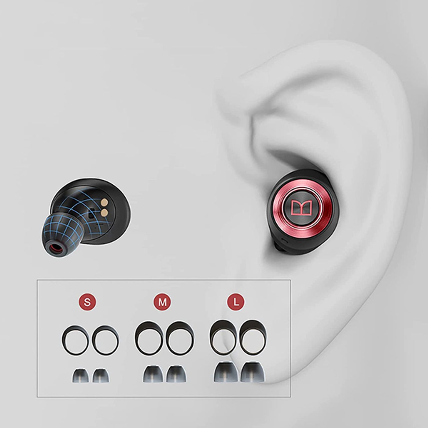 Ergonomically shaped Achieve 100 AirLinks earbud held between fingers