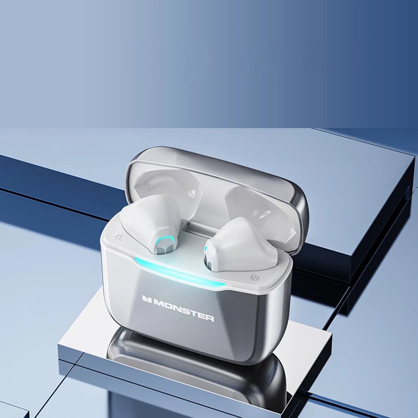 Monster Airmars GT11 earbuds seated magnetically in their charging case