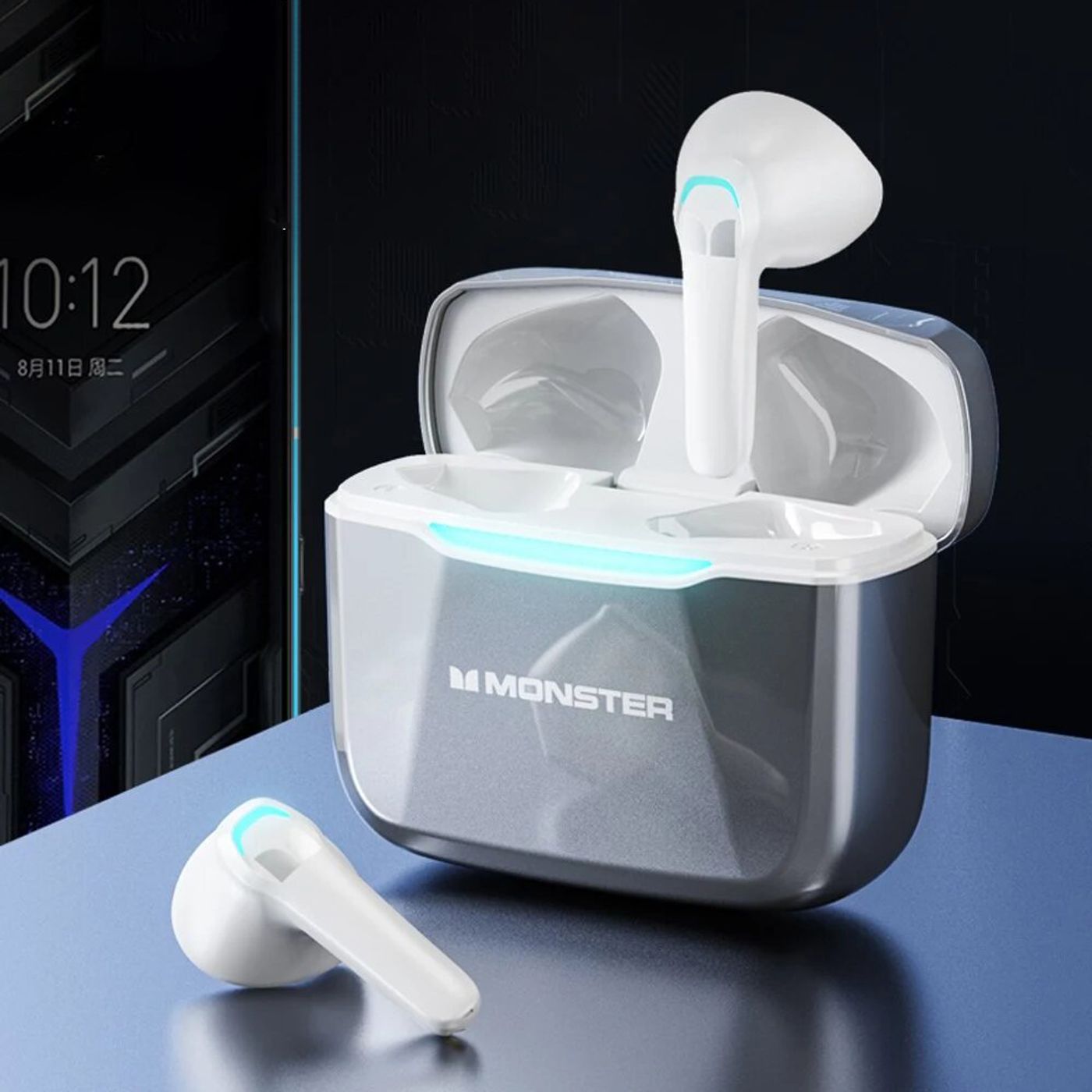 Monster Airmars GT11 earbuds connected wirelessly to a phone