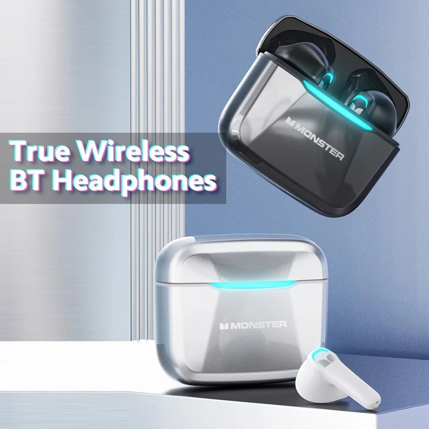 Monster Airmars GT11 true wireless earbuds in silver with their charging case