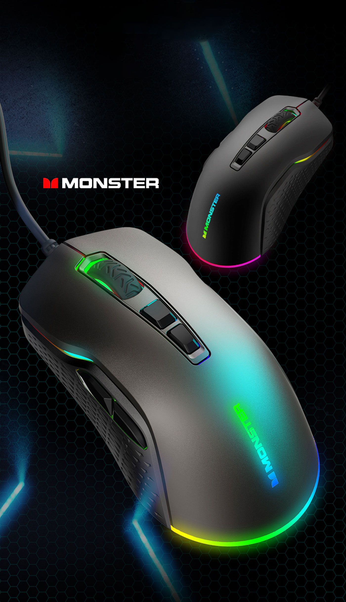 MONSTER Airmars KMH5 professional gaming mouse shown with its RGB lighting on