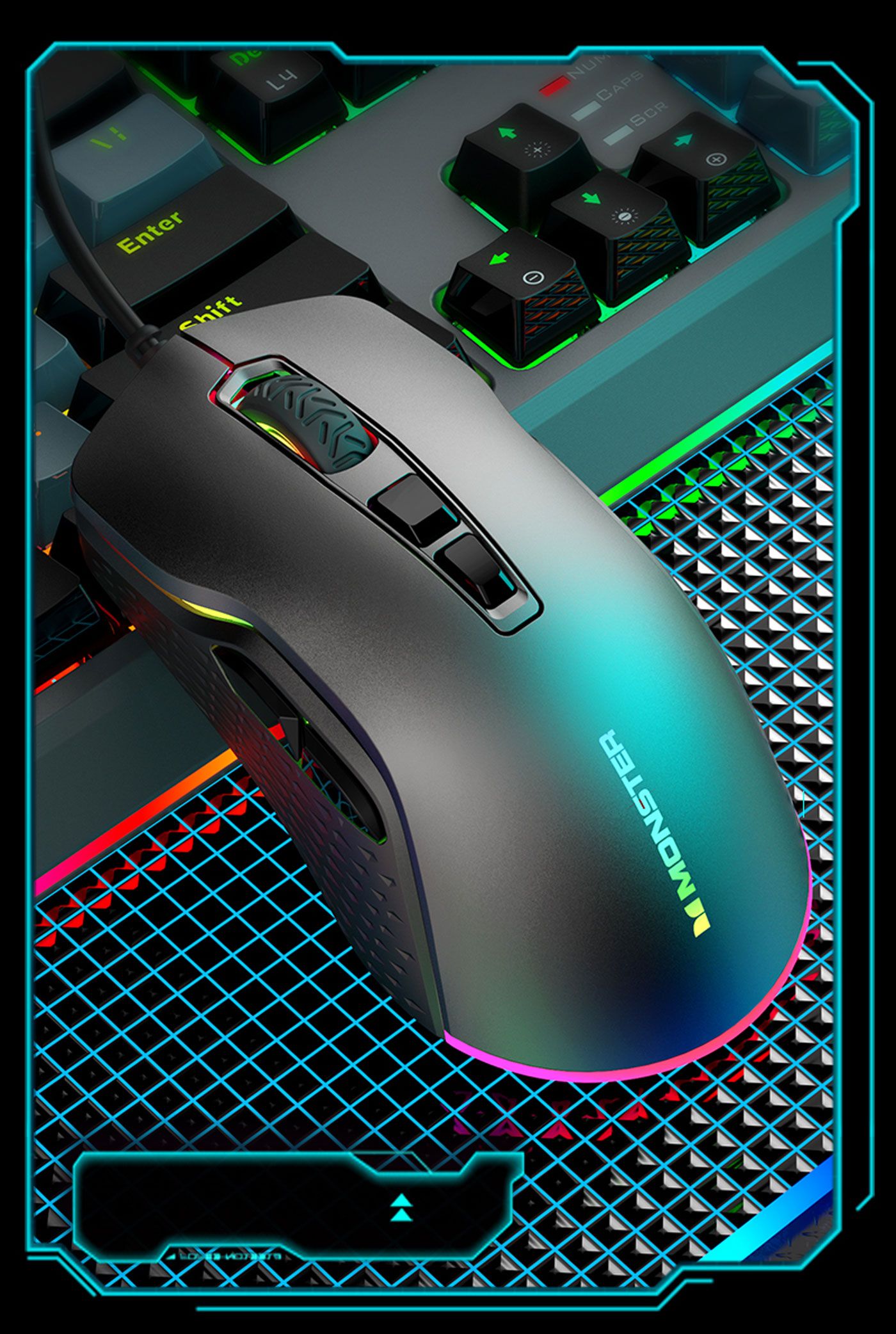 MONSTER Airmars KMH5 gaming mouse held in a natural hand position