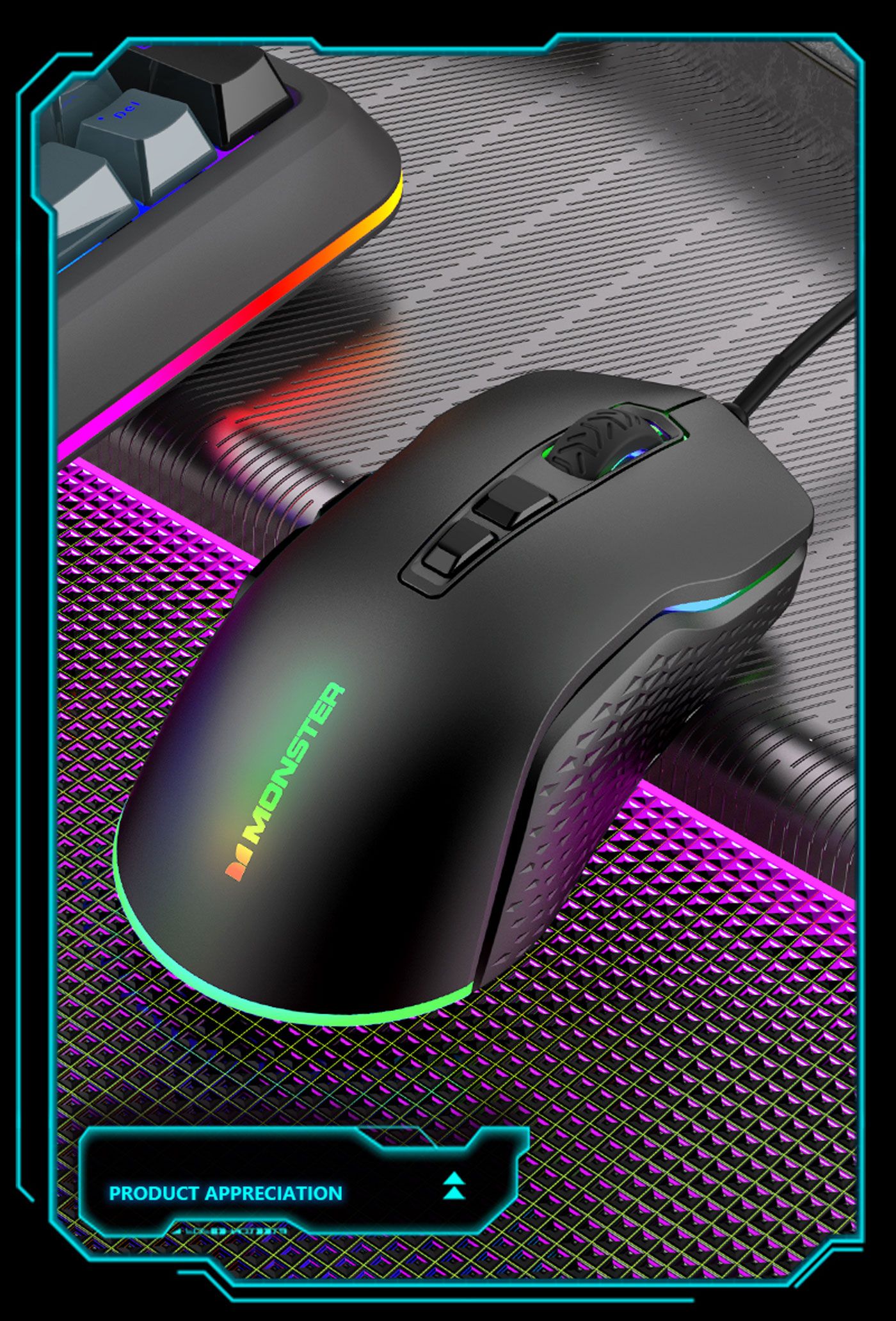 MONSTER Airmars KMH5 gaming mouse shown in a range of lighting colours