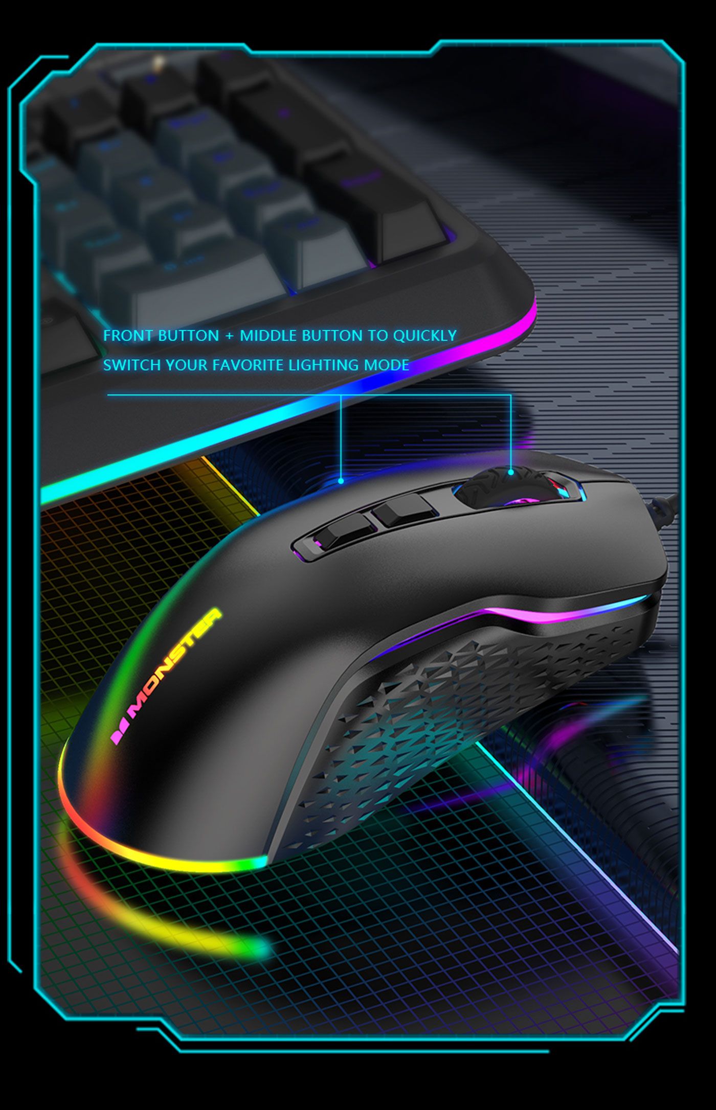 MONSTER Airmars KMH5 gaming mouse on a desk with its lighting active