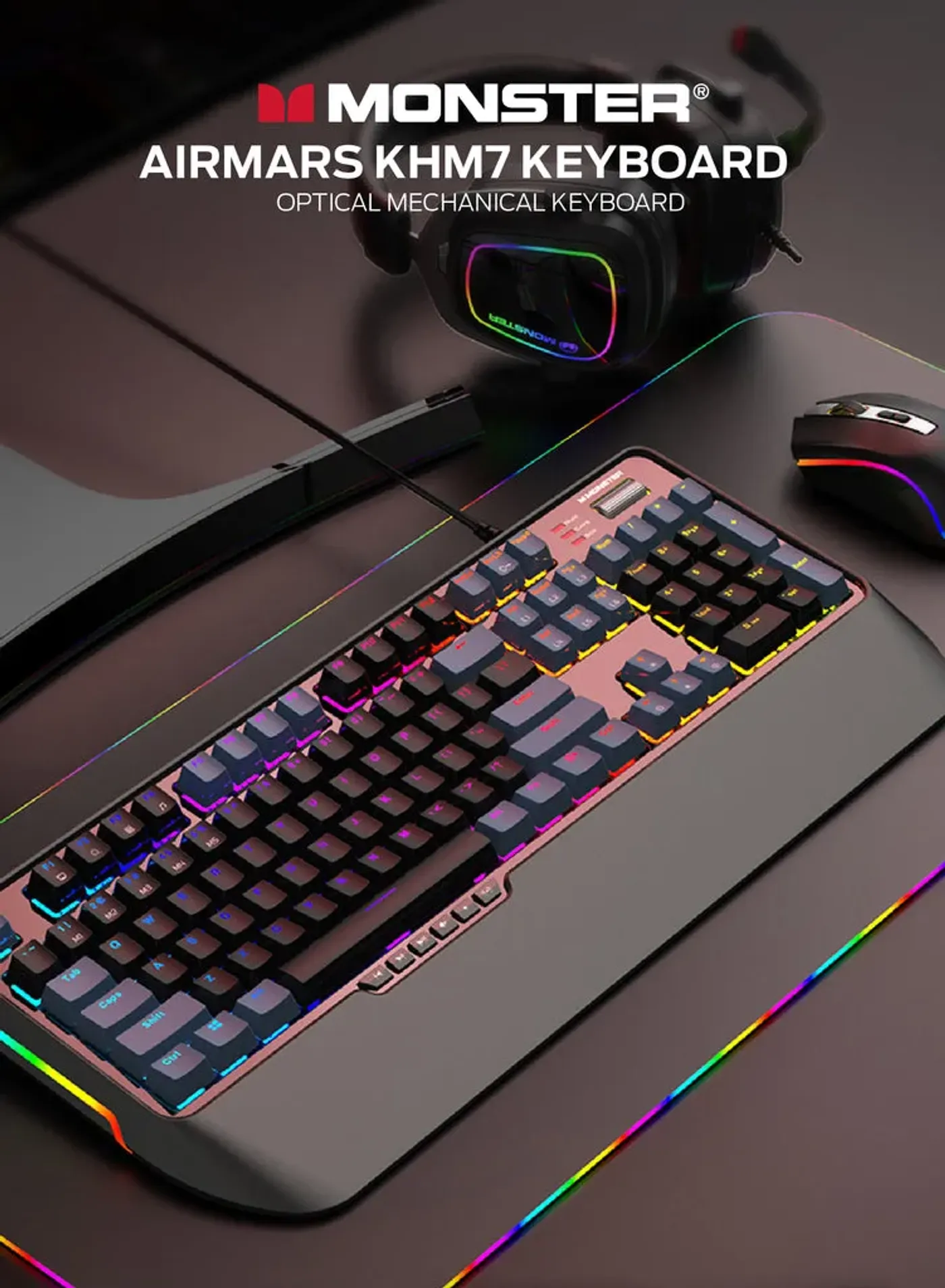 MONSTER Airmars KMH7 gaming keyboard viewed from the front with RGB lighting active