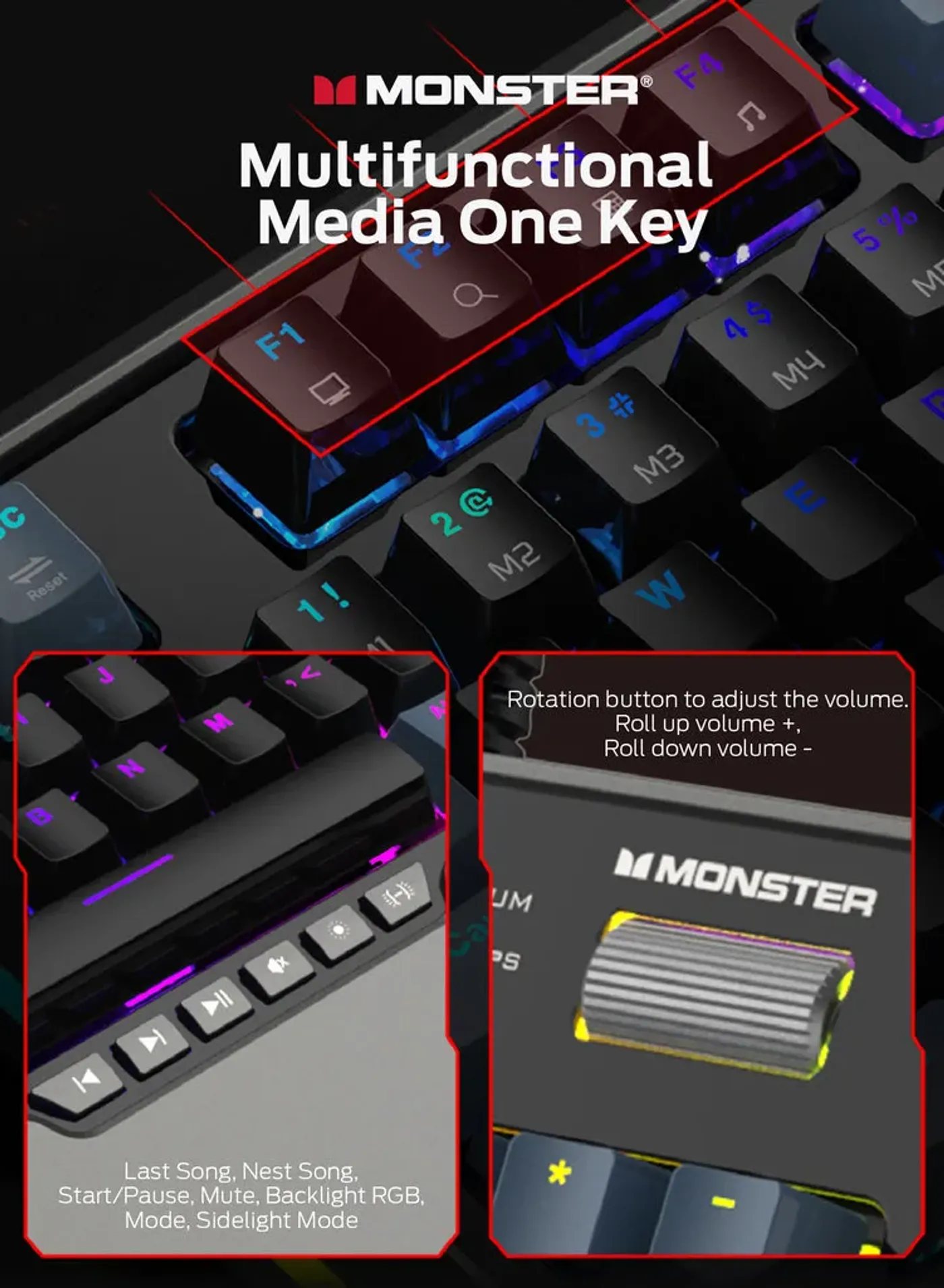 Airmars KMH7 keyboard photographed with its RGB backlighting lit across the keys