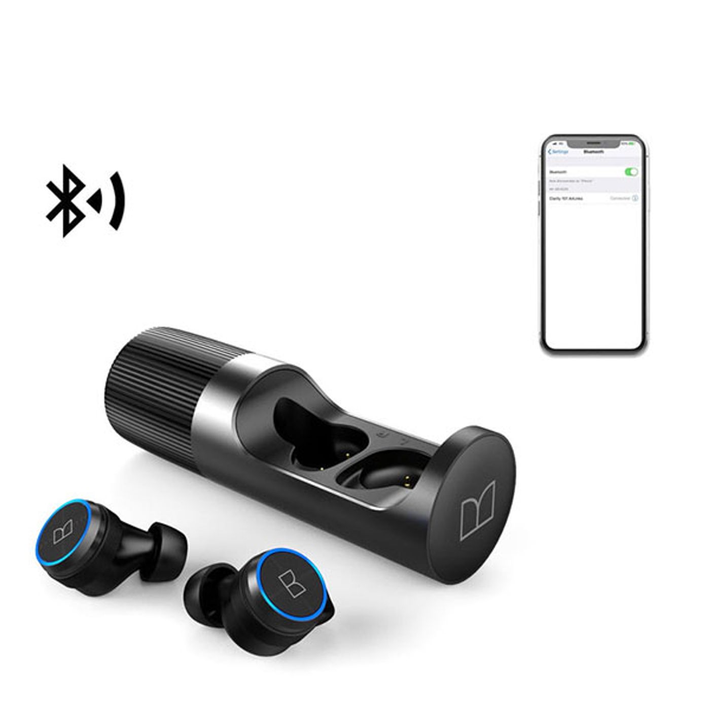 Monster Clarity 101 AirLinks earbuds shown alongside a phone during one-step Bluetooth pairing