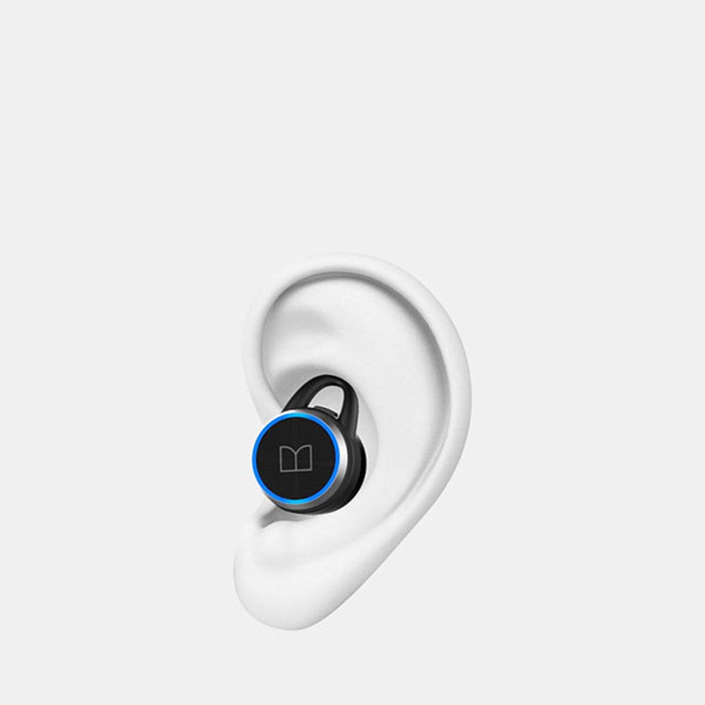 Ergonomic shape of the blue Monster Clarity 101 AirLinks earbuds shown in close-up