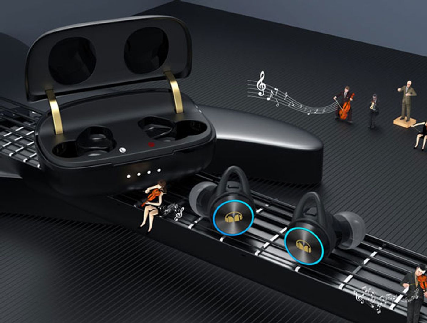 Monster Clarity 101 Plus AirLinks wireless earbuds shown with their charging case