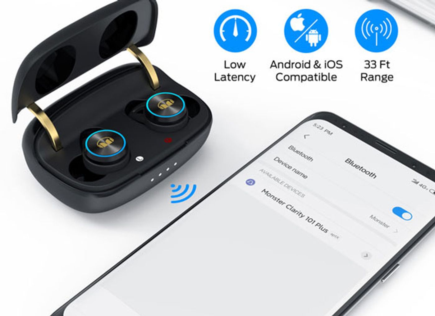 Monster Clarity 101 Plus AirLinks earbuds shown in use during listening
