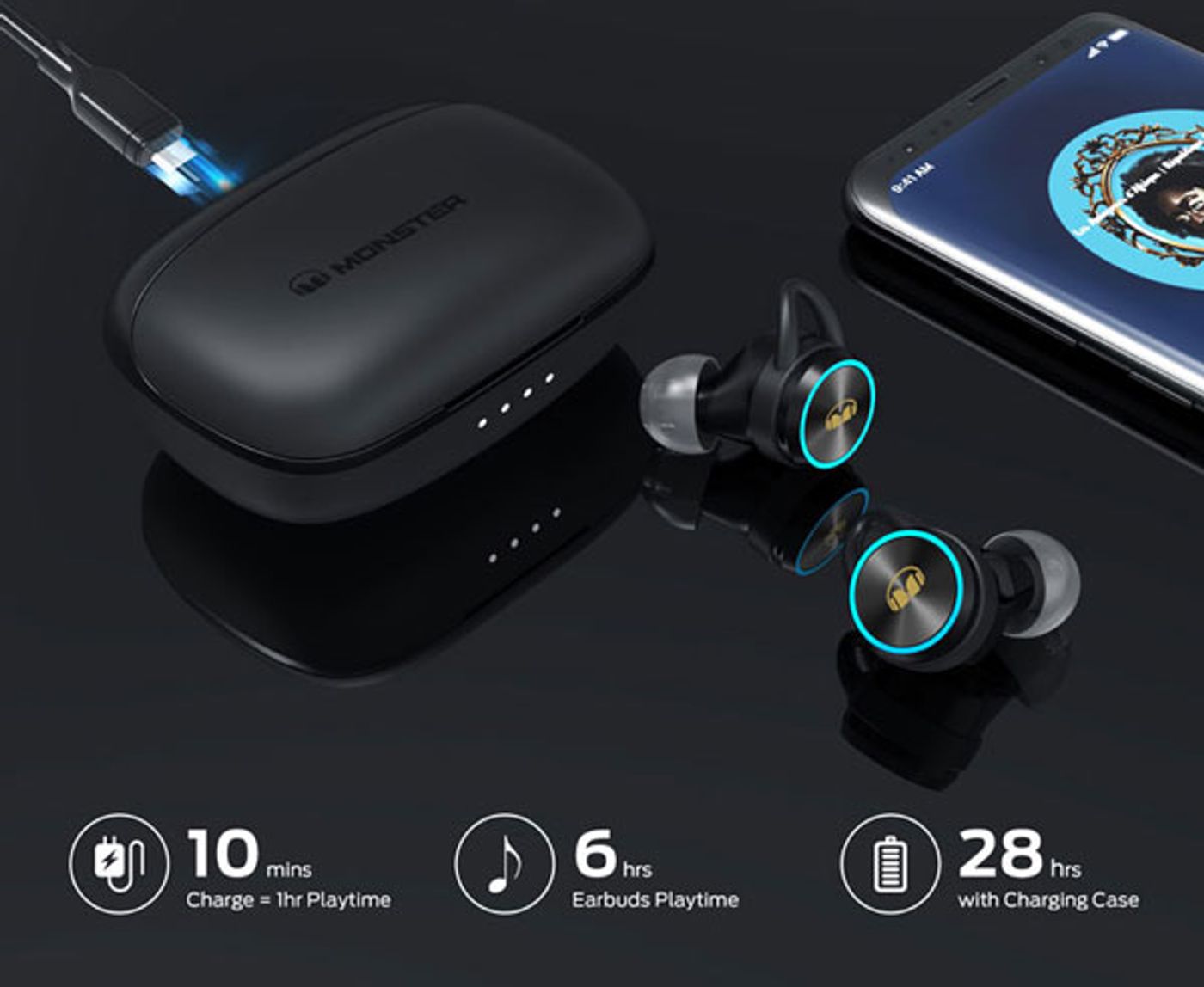 Charging port and case of the Monster Clarity 101 Plus AirLinks earbuds