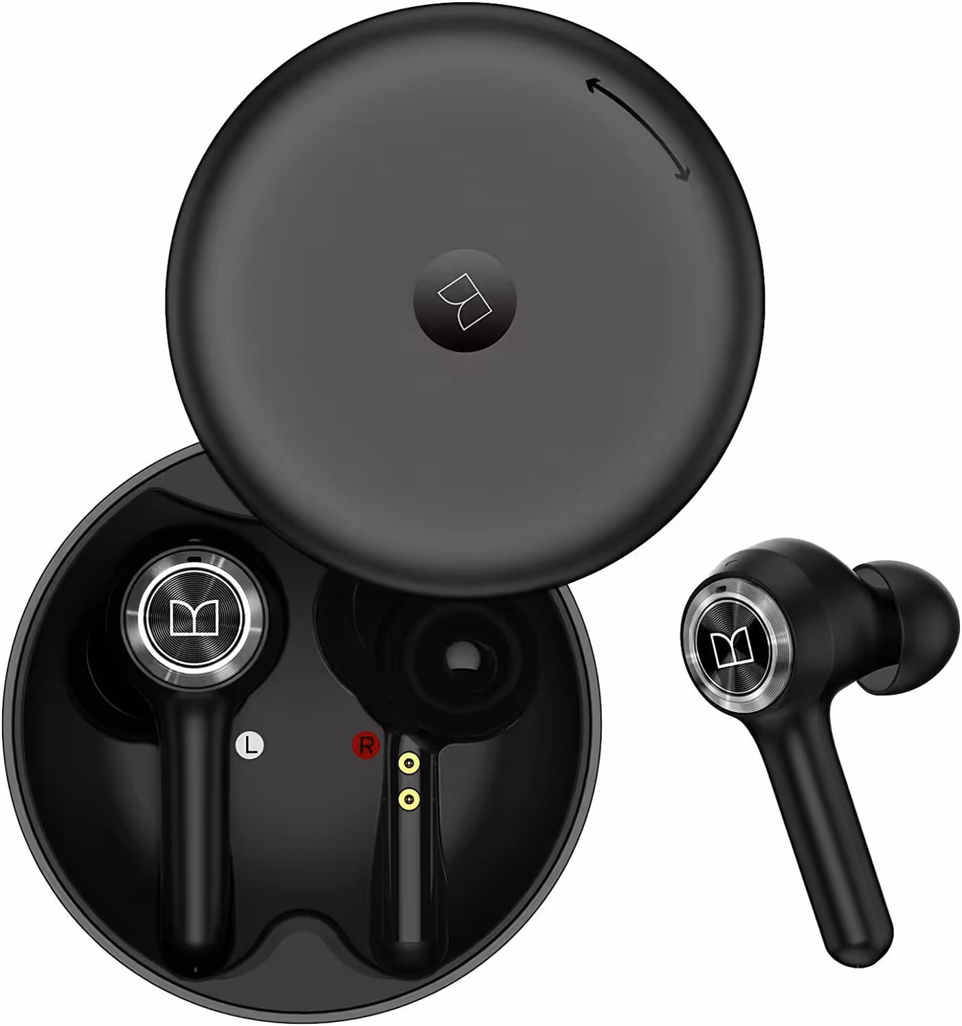 Monster Clarity 102 AirLinks earbuds displayed with their charging case