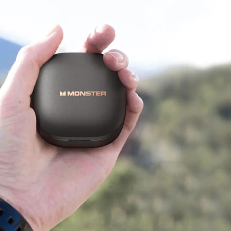 Compact Monster Clarity 550 LT wireless earbuds showcasing portable size and sleek design