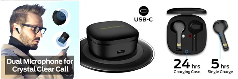 Monster Clarity 550 LT black wireless earbuds with charging case, portable Bluetooth headphones