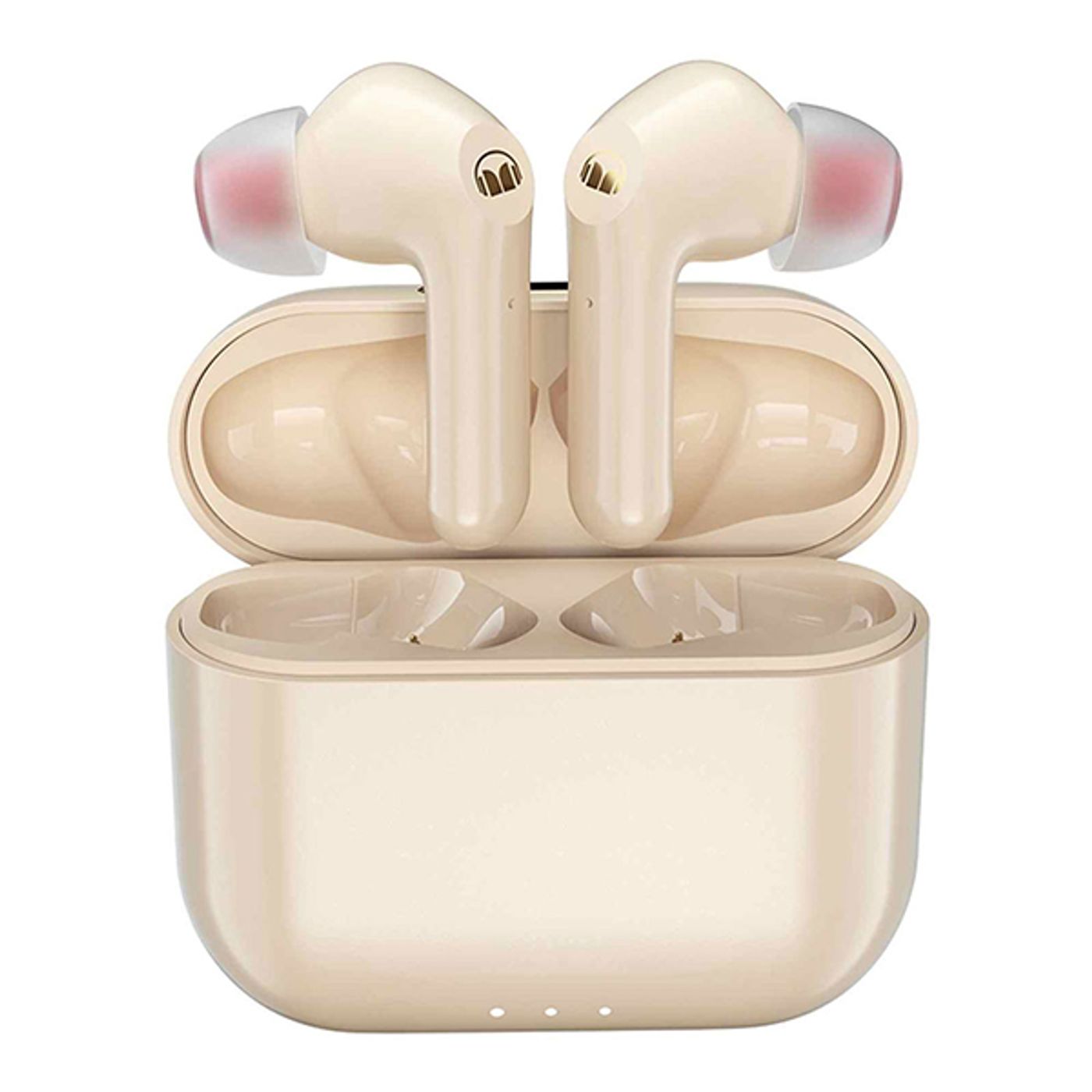 Monster Clarity 6.0 ANC wireless earbuds in pink shown out of the case