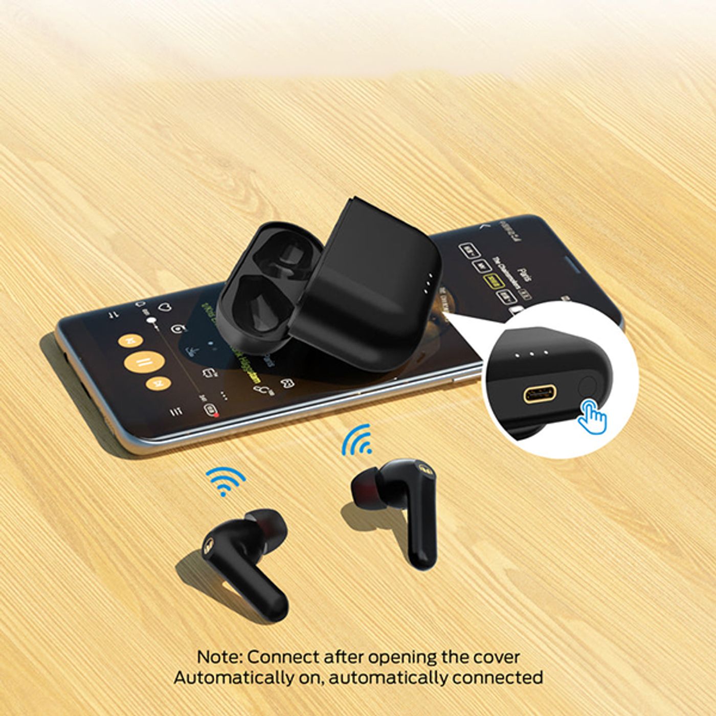 Charging case of the Monster Clarity 6.0 opened to show the pairing button