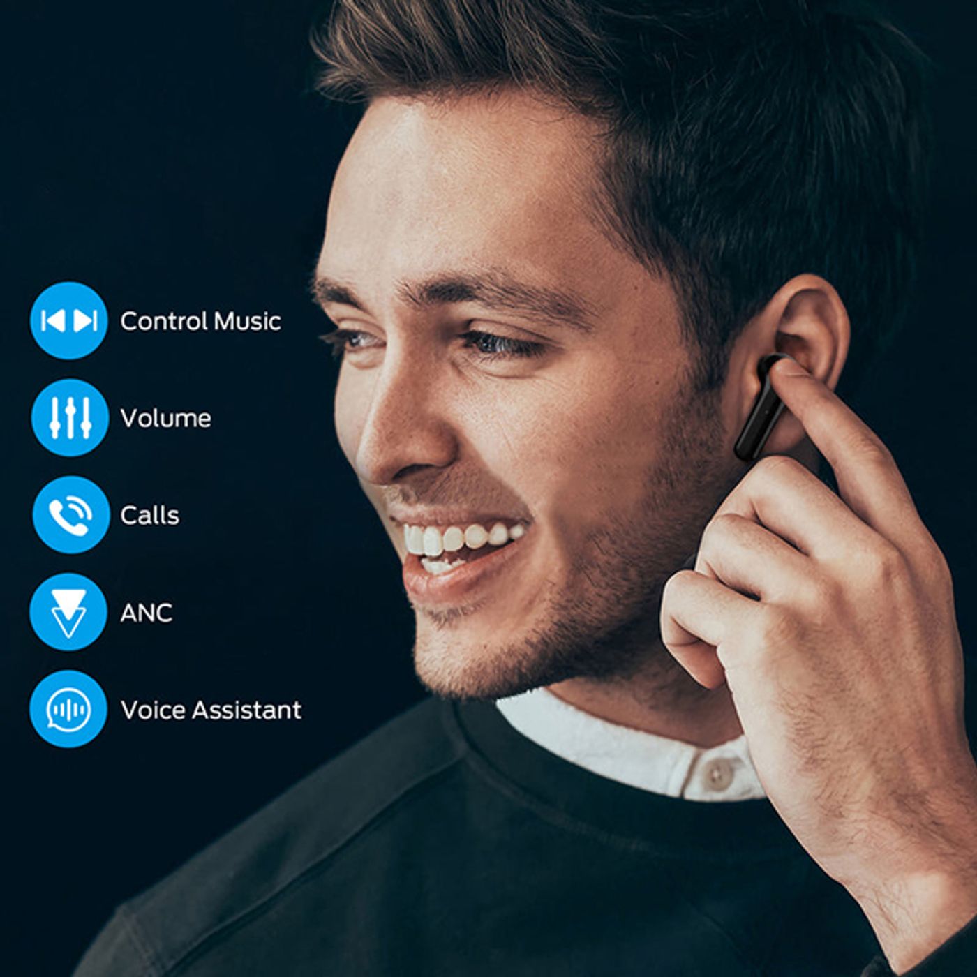 Finger tapping the touch control surface on a Monster Clarity 6.0 earbud