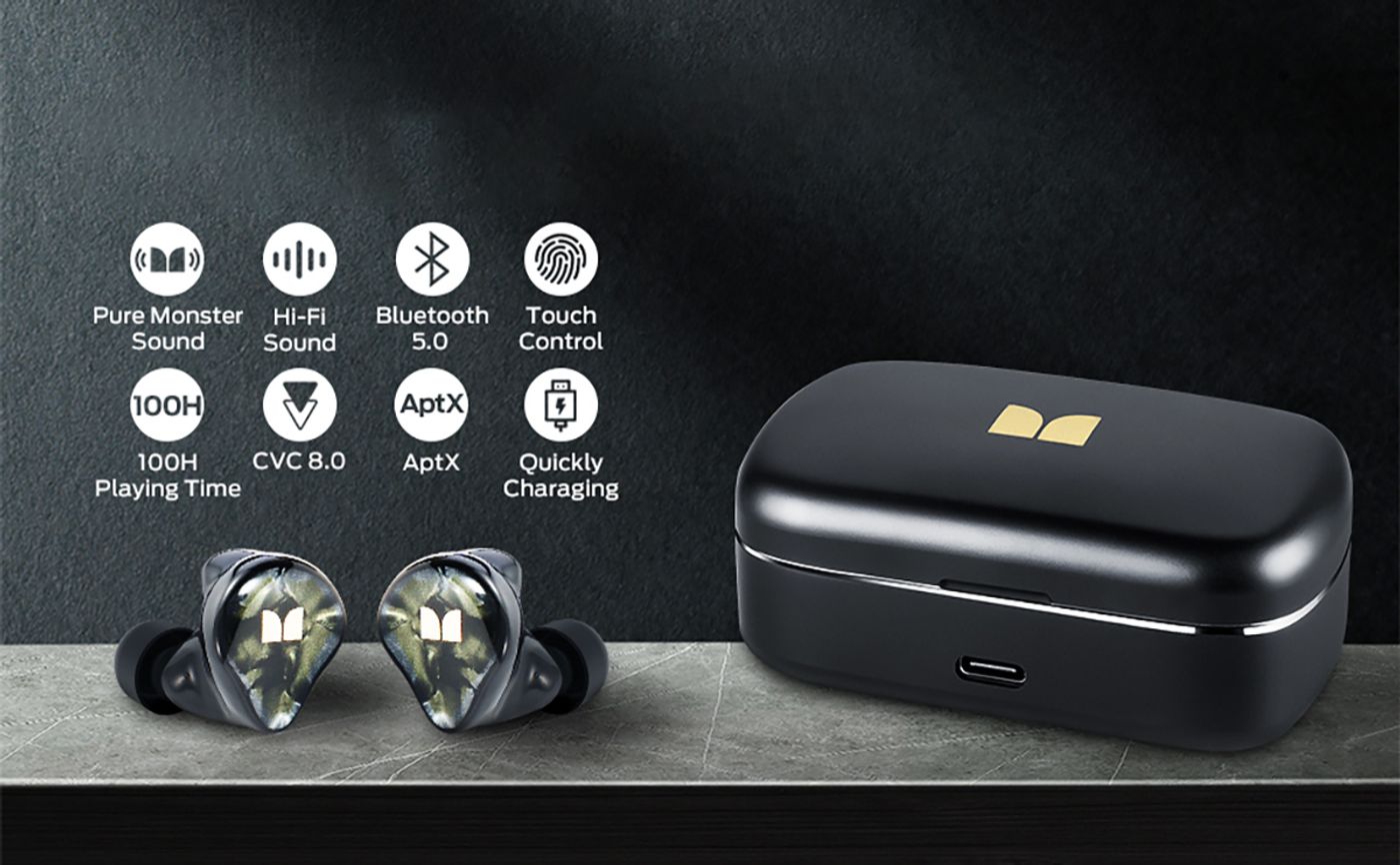 Monster Clarity 700DB AirLinks earbuds displayed with their charging case