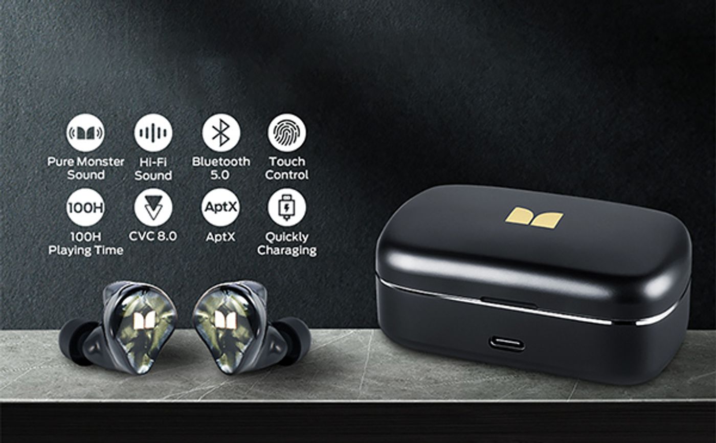 Pair of Monster Clarity 700DB earbuds shown side by side