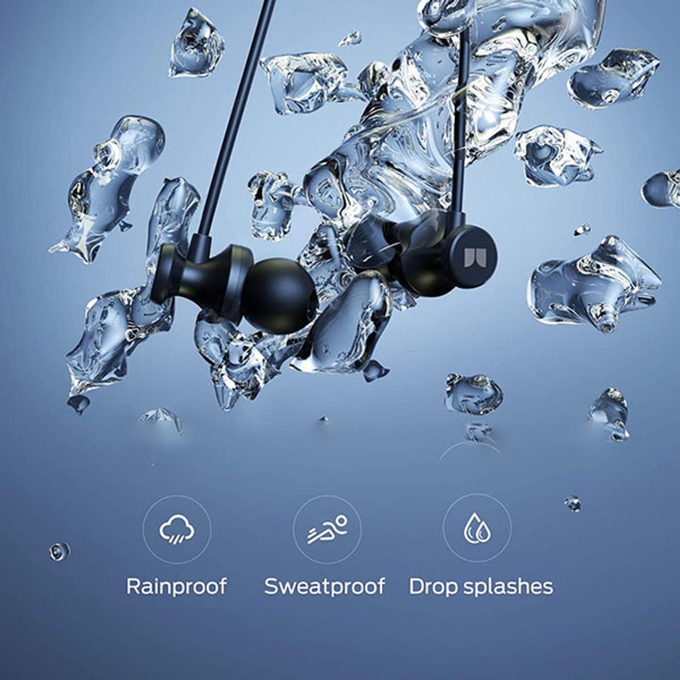 Water droplets on the Monster iSport Solitaire earbuds showing IPX5 protection