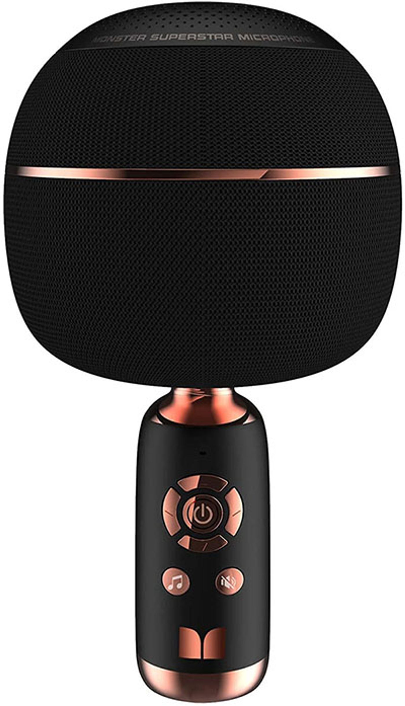 Monster M97 Superstar karaoke microphone in black showing its mushroom head speaker grille