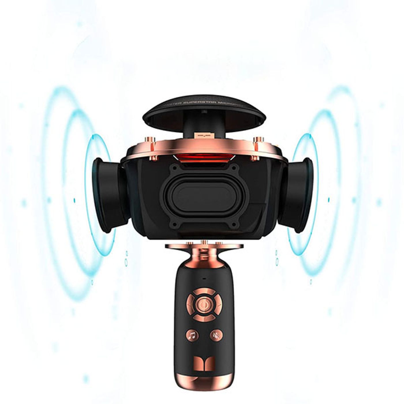 Detailed view of the Monster M97 karaoke microphone controls, 3.5mm jack and Type-C charging port