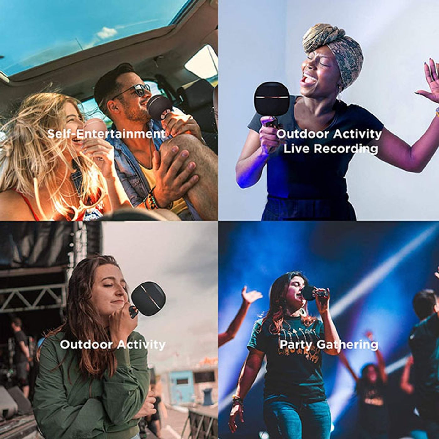 Monster M97 karaoke microphone shown in use for indoor and outdoor singing