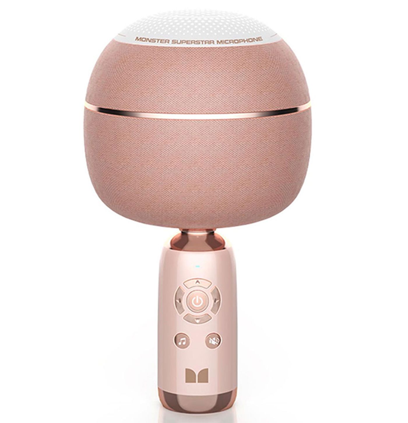 Monster M97 Superstar karaoke microphone in pink showing its mushroom head design