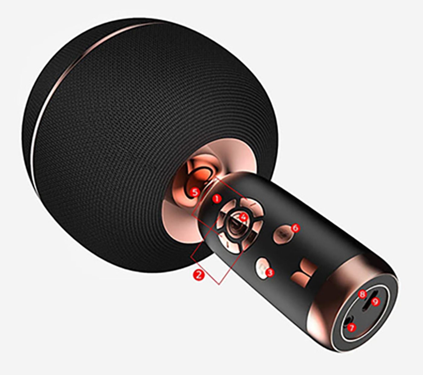 Numbered diagram of the controls and indicators on the Monster M97 karaoke microphone