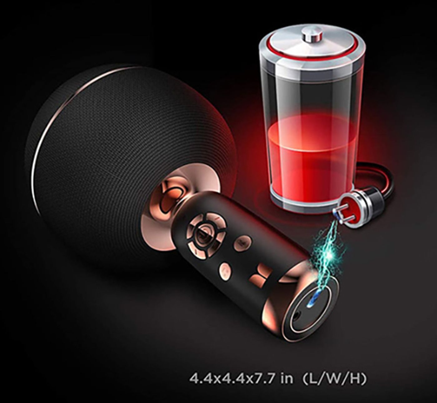 Monster M97 karaoke microphone held in one hand to show its compact size