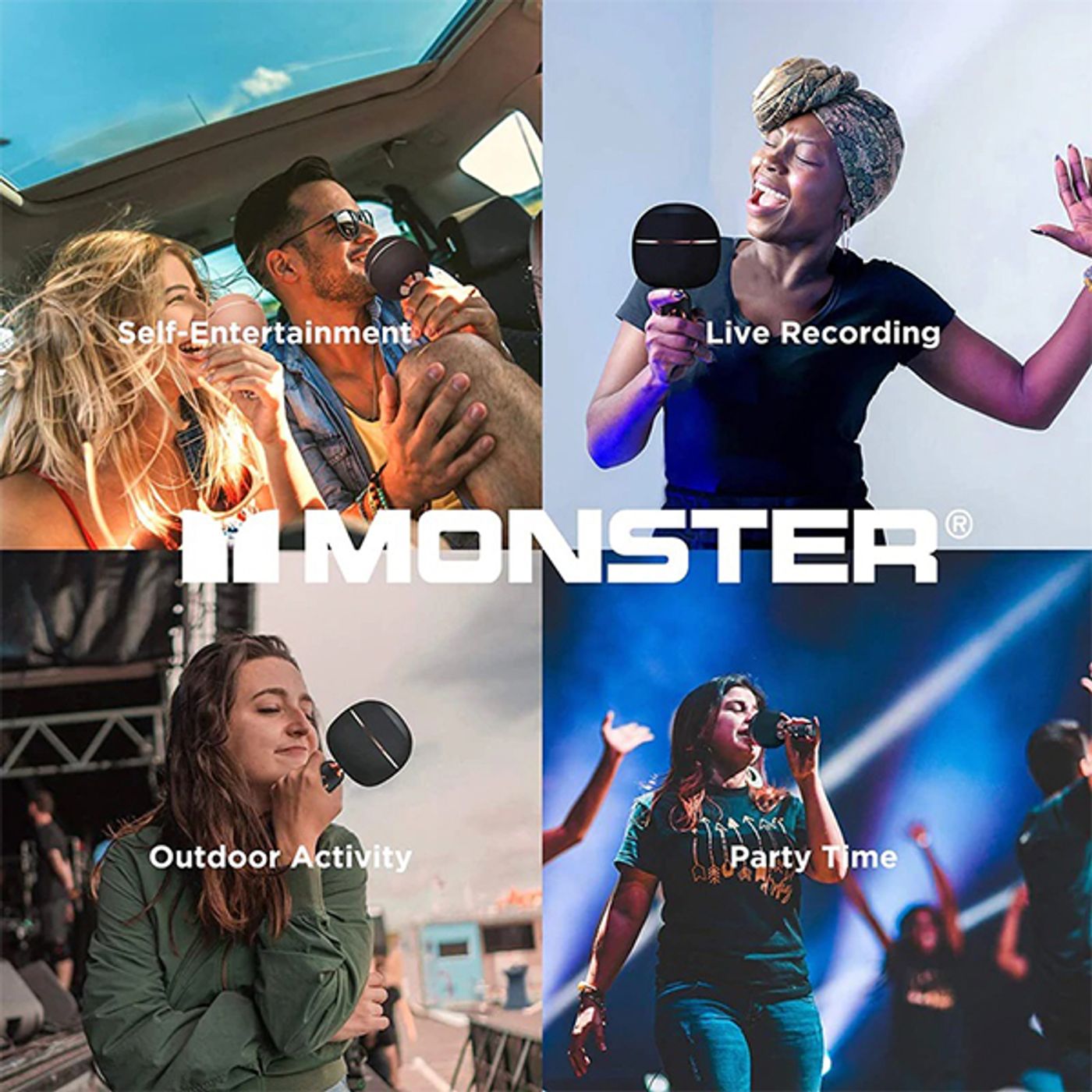 Control buttons on the Monster M98 karaoke microphone for volume and vocal elimination