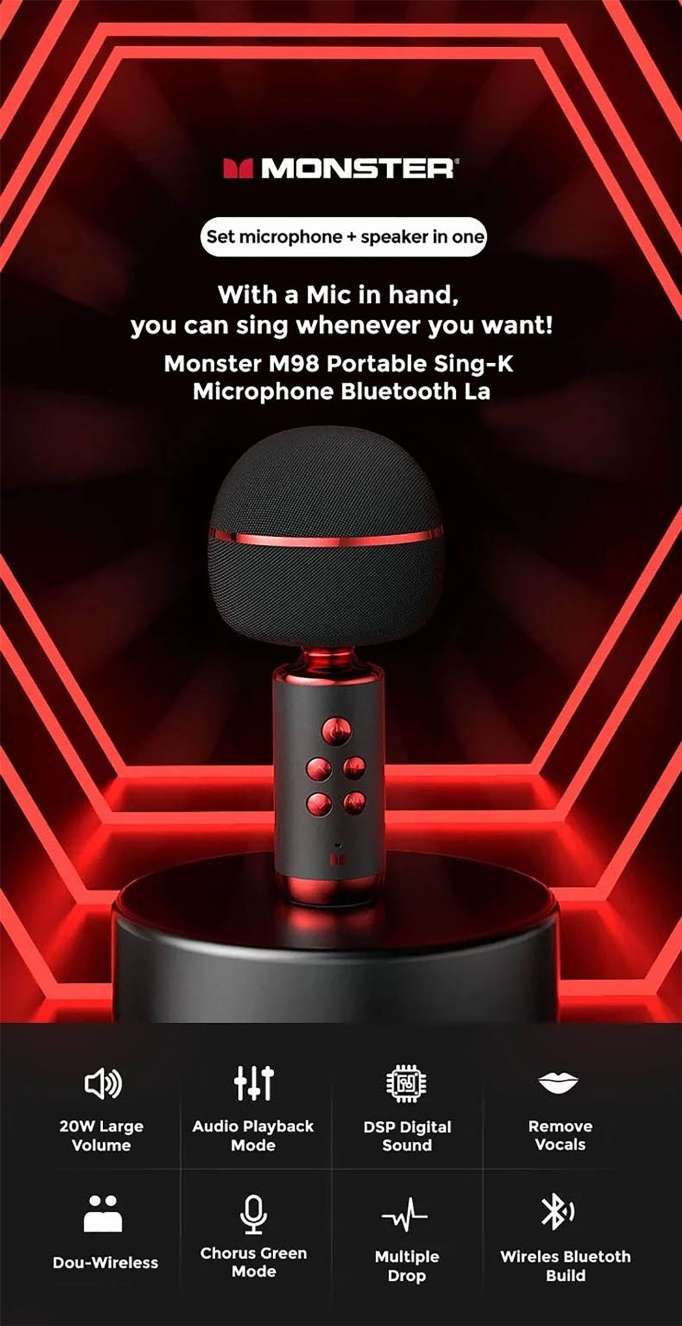 Monster M98 Mini Superstar karaoke microphone in blue, shown upright
