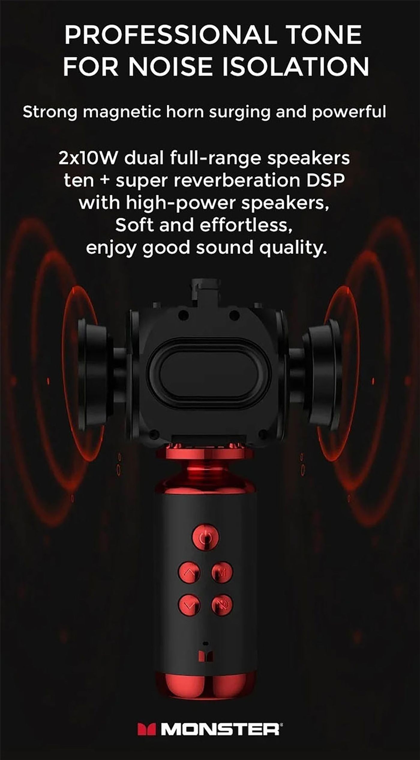 Monster M98 karaoke microphone held in one hand to show its compact size