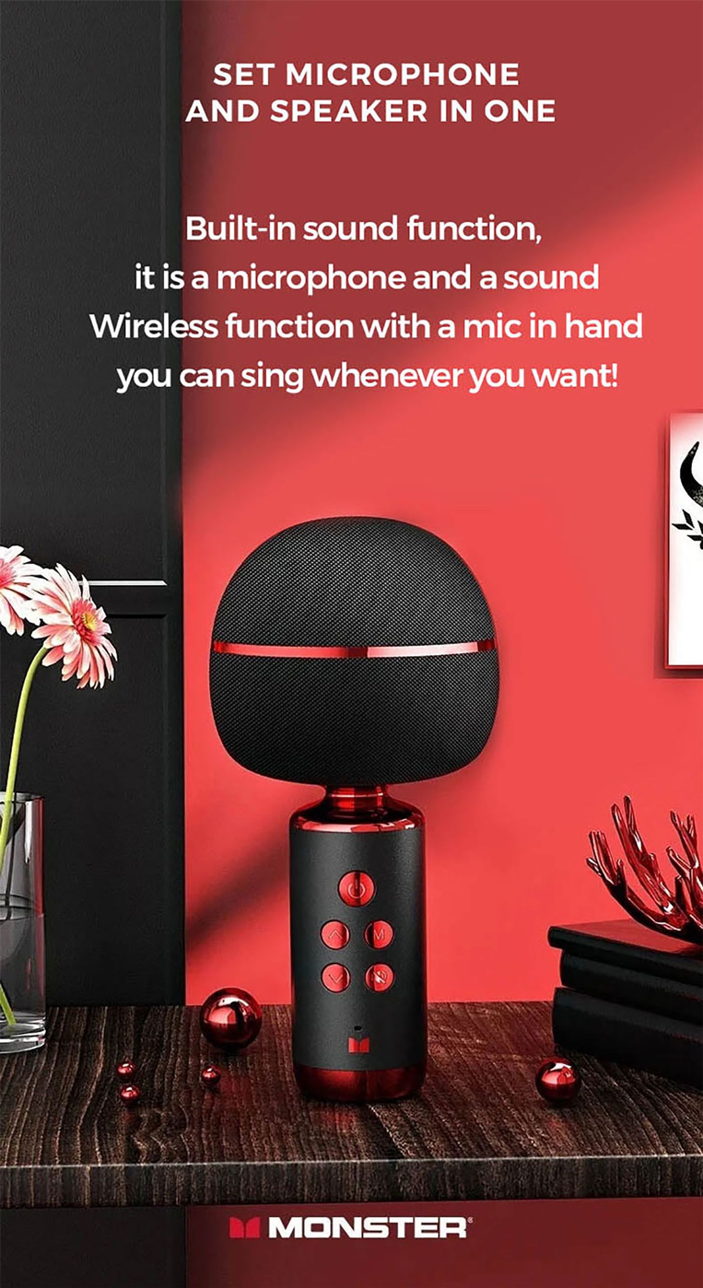 Monster M98 karaoke microphone showing the surround speaker head