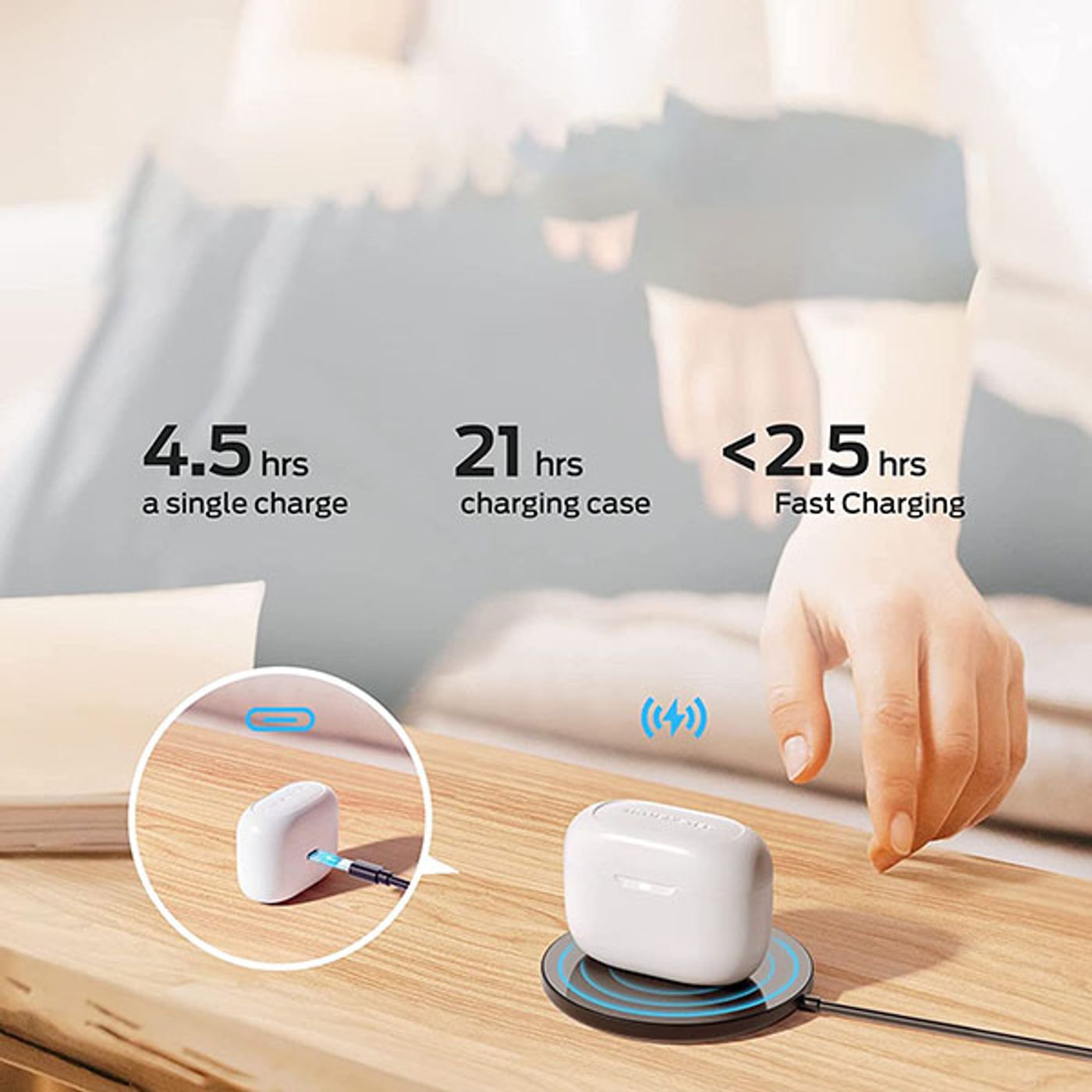 Truly wireless in-ear earbud shown to illustrate the audio driver design