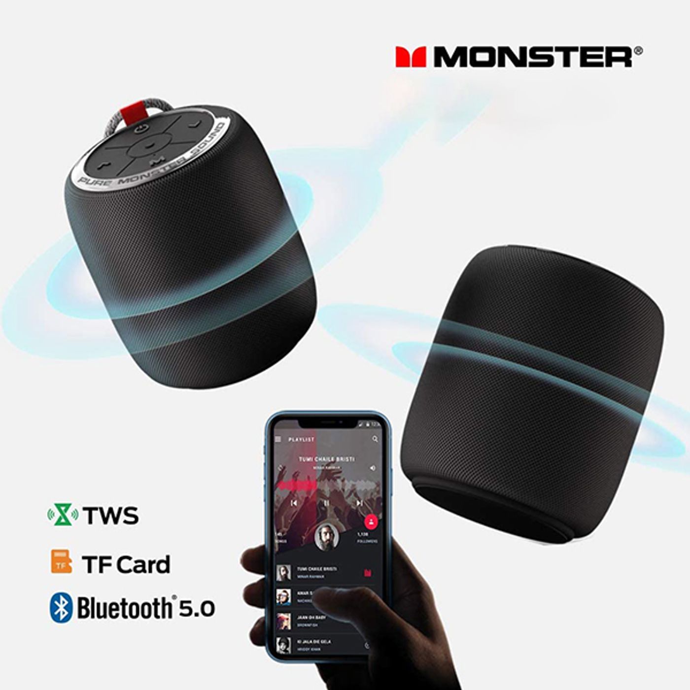 Two Monster S110 speakers paired together for stereo playback